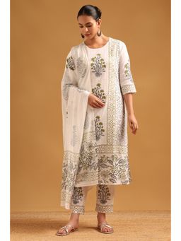 Soch - Off White Cotton Dobby Block Printed Botanical Kurta With Pant & Dupatta