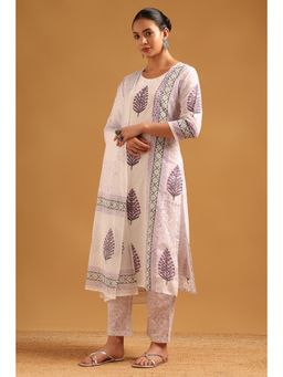 Soch - Off White Cotton Botanical Kurta With Pant & Dupatta