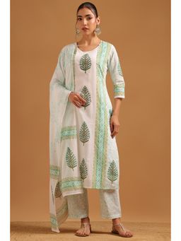 Soch - Off White Cotton Botanical Kurta With Pant & Dupatta