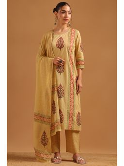 Soch - Beige Cotton Botanical Kurta With Pant & Dupatta