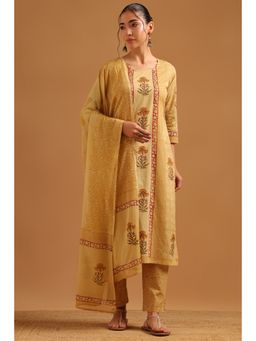 Soch - Beige Cotton Botanical Kurta With Pant & Dupatta