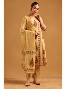 Soch - Beige Cotton Screen Printed Botanical Kurta With Pant & Dupatta