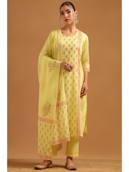 Soch - Yellow Cotton Block Printed Botanical Kurta With Pant & Dupatta
