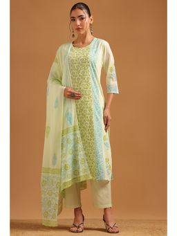Soch - Light Green Cotton Block Printed Botanical Kurta With Pant & Dupatta
