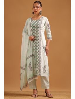 Soch - Green Cotton Botanical Block Printed Kurta With Pant & Dupatta