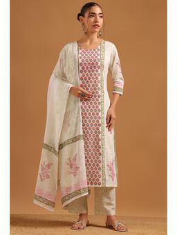 Soch - Pink Cotton Block Printed Botanical Kurta With Pant & Dupatta