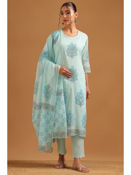 Soch - Powder Blue Cotton Block Printed Botanical Kurta With Pant & Dupatta