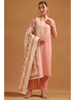 Soch - Peach Cotton Floral Printed Chikankari Embroidered Kurta With Pant & Dupatta