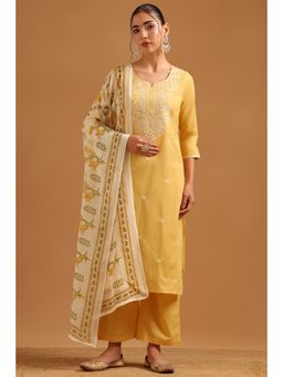 Soch - Mustard Cotton Chikankari Embroidered Kurta With Pant & Dupatta