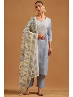 Soch - Blue Cotton Botanical Chikankari Embroidered Kurta With Pant & Dupatta