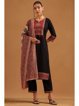 Soch - Black Cotton Blend Printed Ethnic Motifs Kurta With Pant & Dupatta With Mirror Work