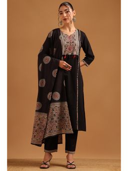 Soch - Black Cotton Ethnic Motifs Block Printed Kurta With Pant & Dupatta