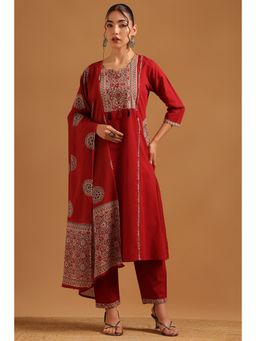 Soch - Maroon Cotton Block Printed Ethnic Motifs Kurta With Pant & Dupatta