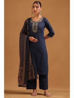 Soch - Navy Blue Cotton Embroidered Kurta With Pant & Dupatta