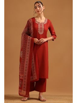 Soch - Rust Cotton Screen Printing Embroidered Kurta With Pant & Dupatta