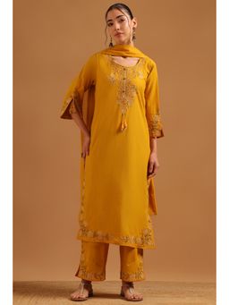 Soch - Mustard Cotton Embroidered Kurta With Pant & Dupatta