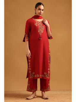 Soch - Brick Red Cotton Embroidered Kurta With Pant & Dupatta