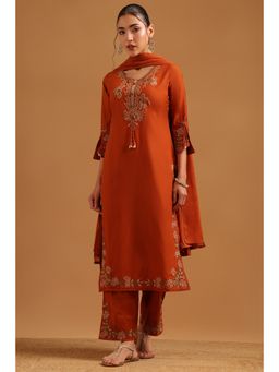 Soch - Rust Cotton Embroidered Kurta With Pant & Dupatta