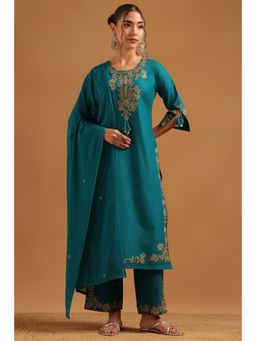 Soch - Teal Cotton Embroidered Kurta With Pant & Dupatta