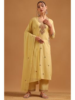 Soch - Yellow Cotton Embroidered Kurta With Pant & Dupatta