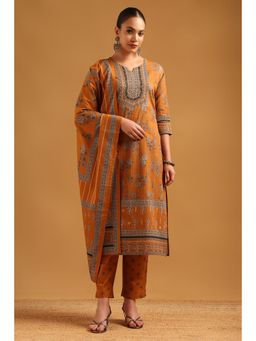 Soch - Mustard Cotton Digital Printed Botanical Kurta With Pant & Dupatta