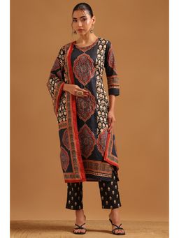 Soch - Black Cotton Block Printed Ethnic Motifs Kurta With Pant & Dupatta