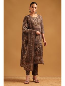 Soch - Brown Cotton Block Printed Botanical Kurta With Pant & Dupatta