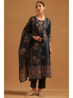 Soch - Teal Cotton Digital Printed Botanical Kurta With Pant & Dupatta
