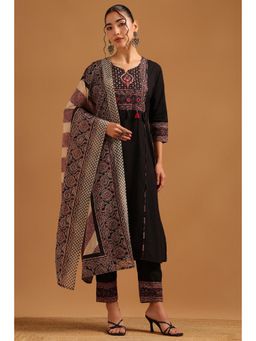 Soch - Black Cotton Ajrak Block Printed Kurta With Pant & Dupatta