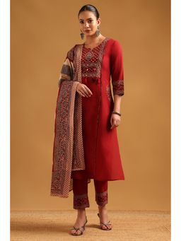 Soch - Maroon Cotton Ajrak Block Printed Kurta With Pant & Dupatta