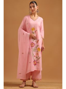 Soch - Blush Pink Cotton Embroidered Kurta With Pant & Dupatta