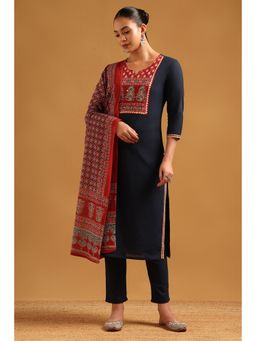 Soch - Navy Blue Cotton Ethnic Motifs Kurta With Pant & Dupatta