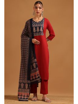 Soch - Maroon Cotton Ethnic Motifs Kurta With Pant & Dupatta