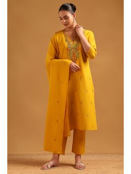 Soch - Mustard Cotton Embroidered Kurta With Pant & Dupatta
