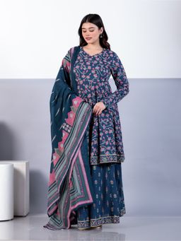 ARAMYA - Blue Soft Cotton Anarkali Kurta With Skirt & Dupatta For Women
