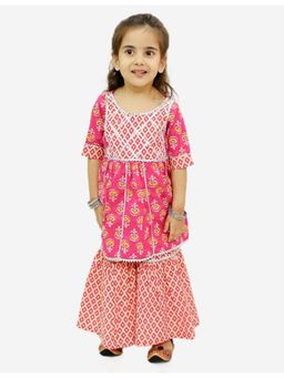 Superminis - Girls Pink Cotton Printted Ethnic Wear Flared Kurta Sharara Set