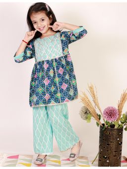 Superminis - Girls Blue Cotton Flared Kurta Plazzo Set Kids Ethnic Wear
