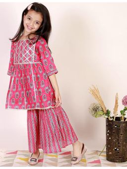 Superminis - Girls Pink Pure Cotton Flared Kurta Sharara Set Kids Ethnic Wear