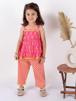 Superminis - Girl Pink Cotton Sleevless Frock Top With Palazo Pant Set Ethnic Casual Wear Dress