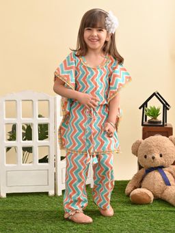 Superminis - Girls Blue Cotton Kaftan And Trouser Pant Set Casual Festive Wear Ethnic Set
