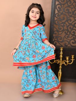 Superminis - Girls Blue Cotton Floral Printed Angarkha With Sharara Set Festive and Ethnic Wear
