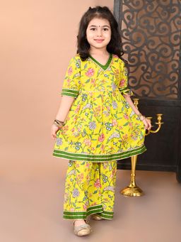 Superminis - Girls Yellow Cotton Floral Printed Angarkha With Sharara Set Festive and Ethnic Wear