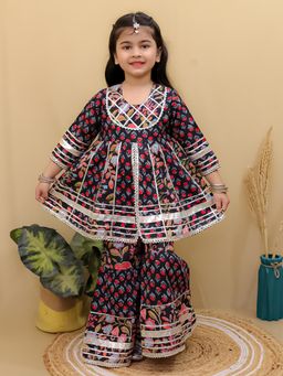 Superminis - Girls Black Cotton Floral Flared Angarkha With Sharara Set Kids Ethnic Festive Wear