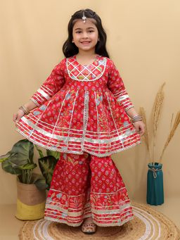 Superminis - Girls Red Cotton Floral Flared Angarkha With Sharara Set Kids Ethnic Festive Wear