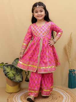 Superminis - Girls Pink Cotton Floral Flared Angarkha With Sharara Set Kids Ethnic Festive Wear