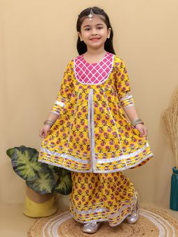 Superminis - Girls Yellow Cotton Floral Flared Angarkha With Sharara Set Kids Ethnic Festive Wear