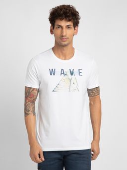 Spykar - Men White Cotton Slim Fit Printed Round Neck T-Shirt