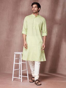 Fabindia - Green Cotton Slim Fit Dobby Long Kurta