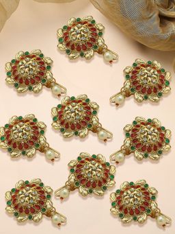 OOMPH - Jadai Billai for Women 9 Pieces with Maroon Green Stones Hair Pin Wedding Bridal