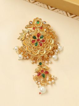 OOMPH - Red Maroon and Green Stones Ethnic Hair Bun Pin Juda Pin Floral Design